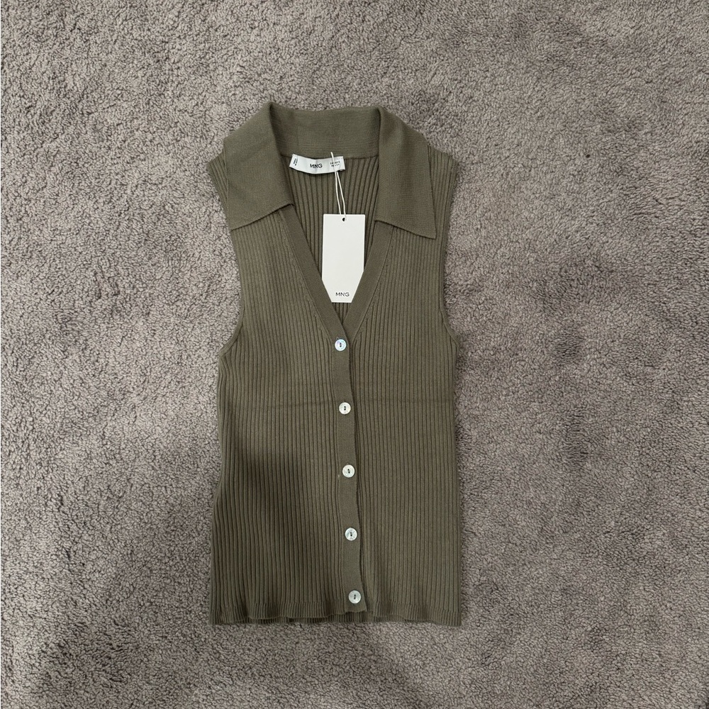 Mango Olive Button Down Sleeveless Top